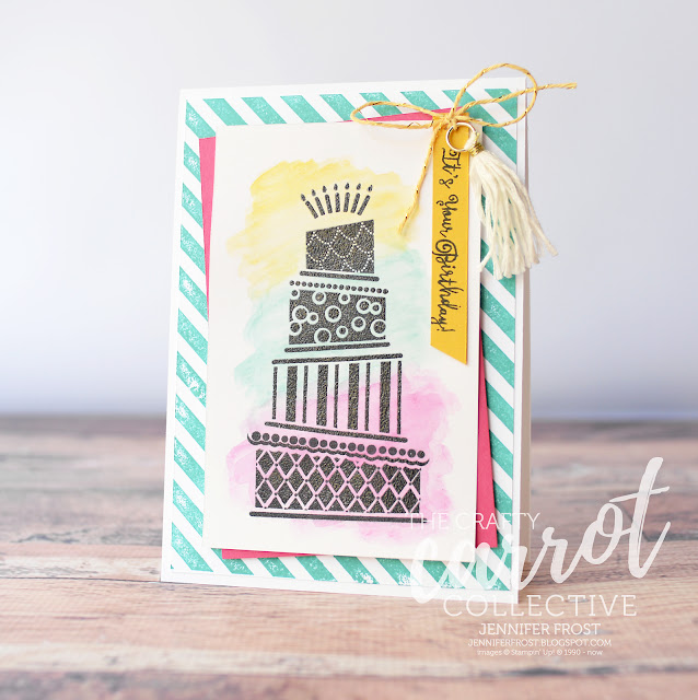 Cake Crazy, The Crafty Carrot Collective, Watercolor Pencils, Diagonal Stripe Background, Stampin' Up! Birthday Card by Jennifer Frost