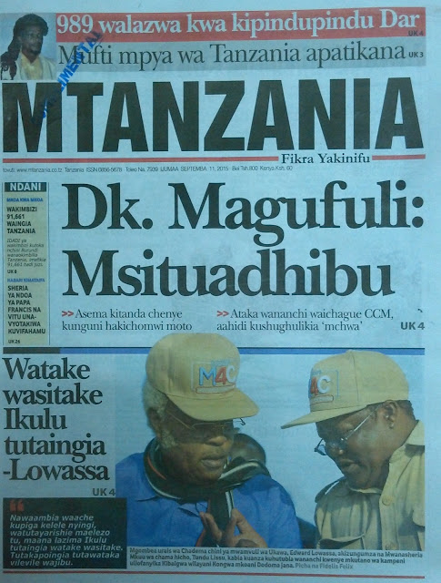 MAGAZETI YA TANZANIA LEO IJUMAA SEPTEMBER 11, 2015 