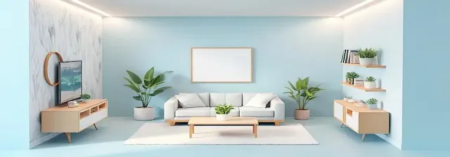 A stylish living room featuring peel-and-stick wallpaper, LED lights, and floating shelves, showcasing affordable DIY home decor ideas.