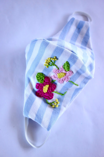 fabric face mask, homage face mask, fabric crafts, blah to TADA, sewing crafts, uses for old t-shirts, floral embroidery