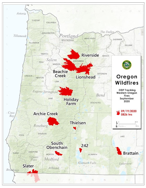 A map of Oregon showing the vicinity of all large fires currently burning in Oregon