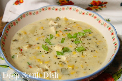 A creamy chowder made with a light roux, bacon and the trinity of vegetables, in a chicken stock and milk base, with chicken, corn and potatoes.