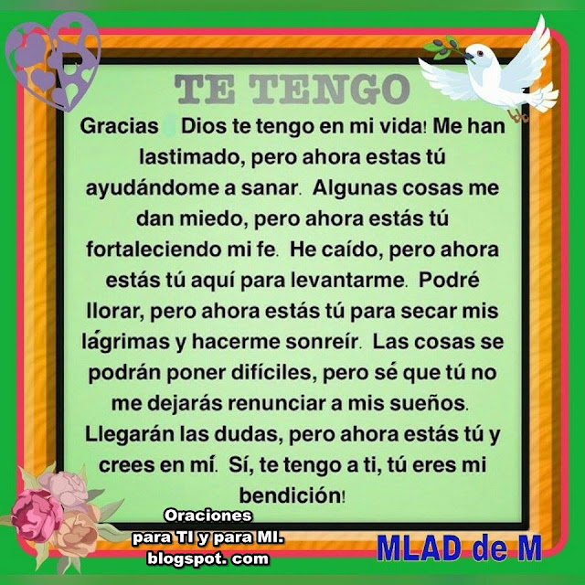 Gracias Dios te tengo en mi vida! Me han lastimado, pero ahora estás tú ayudándome a sanar.  Algunas cosas me dan miedo, pero ahora estás tú fortaleciendo mi fe.