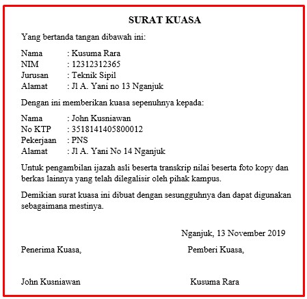 Contoh Surat Kuasa Pengambilan Ijazah