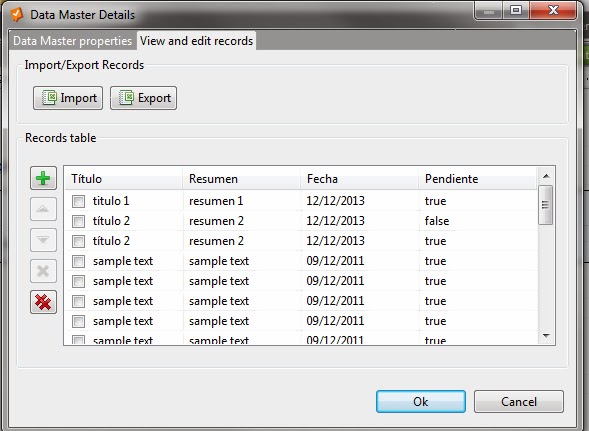 Pantalla de la aplicación para añadir o eliminar datos. Tiene botón de export e importar.