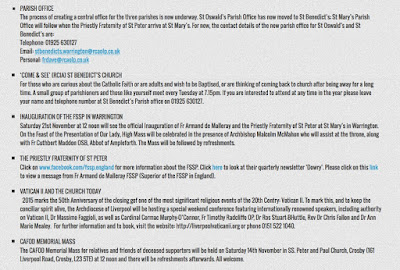 Screen grab (November 10, 2015) of the official parish newsletter site of the triple-parish-cluster at Warrington of the St Oswald, St Benedict and St Mary churches (the latter of which is imminently to be overseen by the Priestly Fraternity of St Peter but under the guidance of Rev. Fr David Heywood, the archdiocesan parish priest of the trio of sites...no, us neither!) 