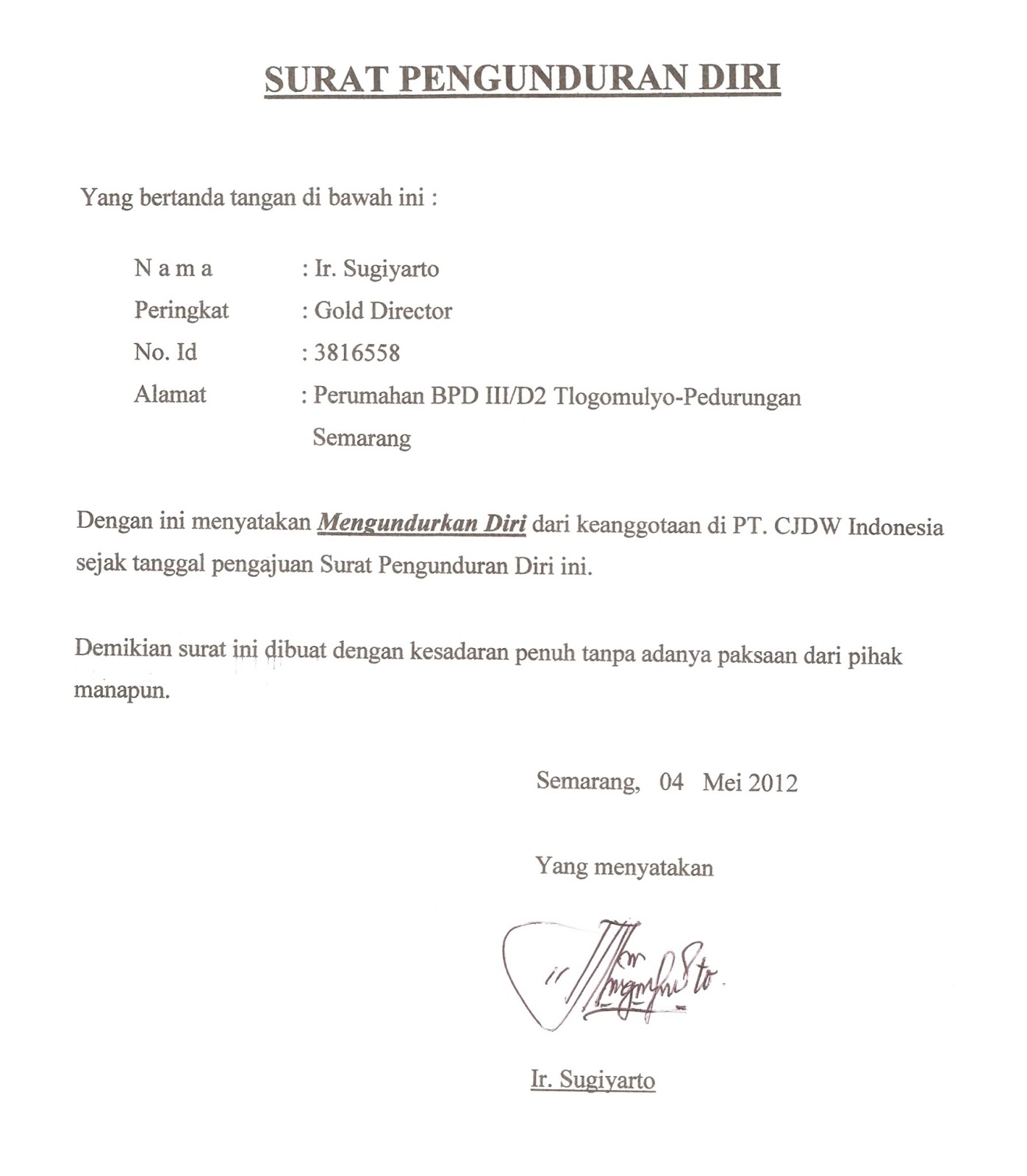 Contoh Surat Pengunduran Diri Jabatan Bendahara - Contoh U