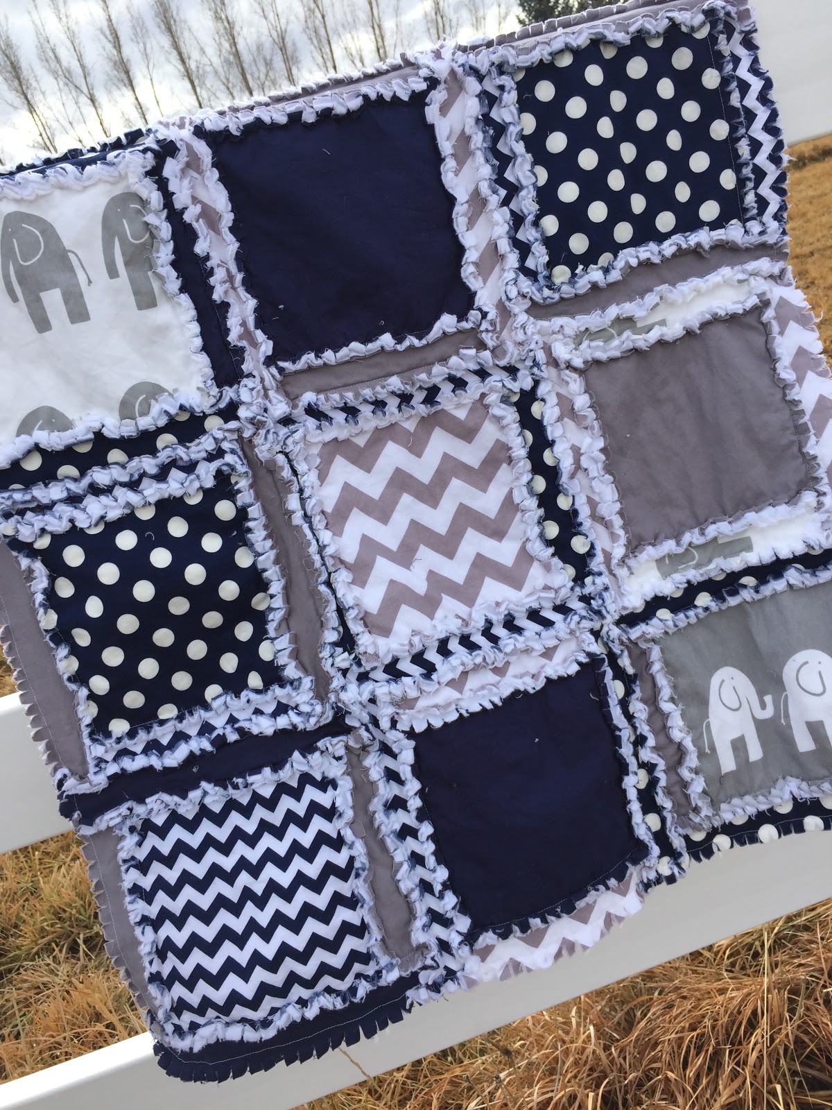 navy blue and gray elephant rag quilt for baby boy crib or toddler bed