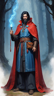 Mysterious sorcerer with raven-black hair and beard. He wear blue robes embroidered with runes.