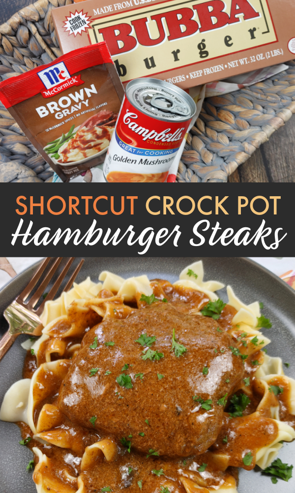 Shortcut Crock Pot Hamburger Steaks and Gravy! A super simple slow cooker recipe for Hamburger Steaks or Salisbury Steak using FROZEN ground beef patties and just a few other ingredients.