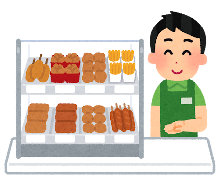 ホットスナックを勧める店員のイラスト（男性）