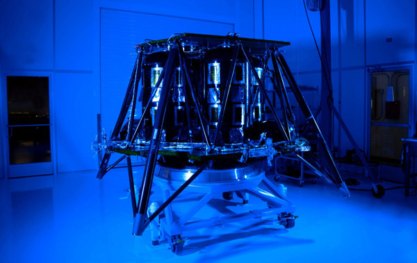 An image of Firefly Aerospace's Blue Ghost lunar lander after its primary structure was completed at Firefly's manufacturing facility in Texas.