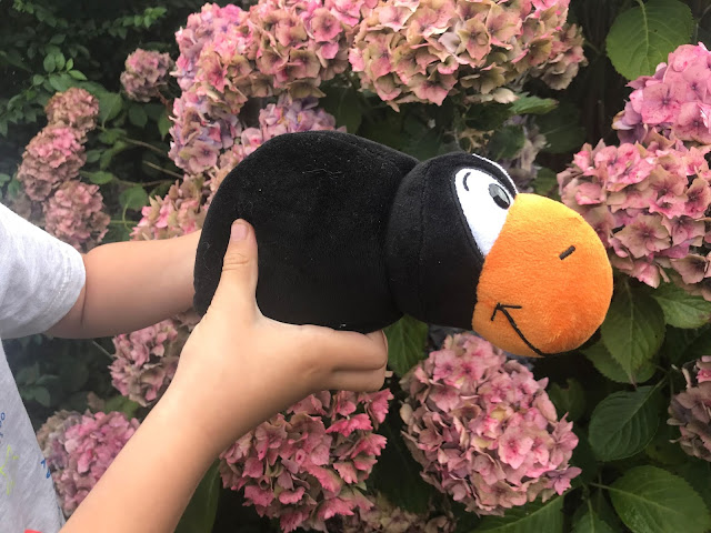 penguin soft toy in garden 