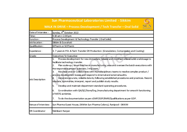 Job Available's for Sun Pharmaceutical Labor stories Ltd Walk-In Interview for B Pharm/ M Pharm