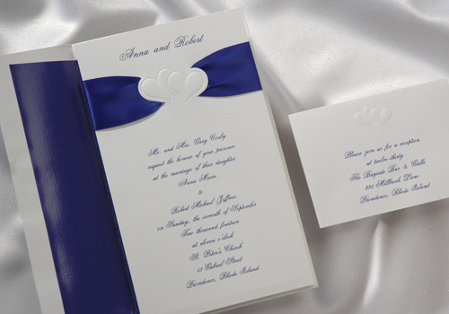 Sapphire satin ribbon Two Hearts Wedding Invitations Perfect