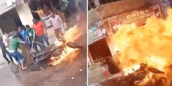 Blasts | റോയല്‍ എന്‍ഫീല്‍ഡ് ബൈക്കിന് തീപ്പിടിച്ചു; കെടുത്താൻ ശ്രമിക്കുന്നതിനിടെ പൊട്ടിത്തെറിച്ചു; 10 പേർക്ക് പരുക്ക്; ഞെട്ടിപ്പിക്കുന്ന ദൃശ്യങ്ങൾ