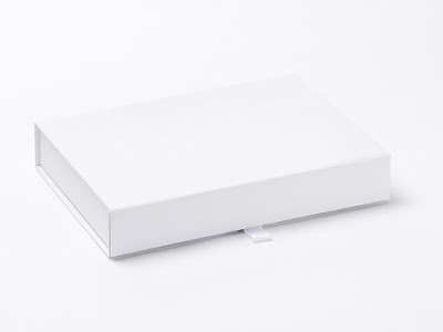 White A5 luxury folding gift box with full depth magnetic flap closure and small ribbon tab. Ideal retail gift presentation packaging
