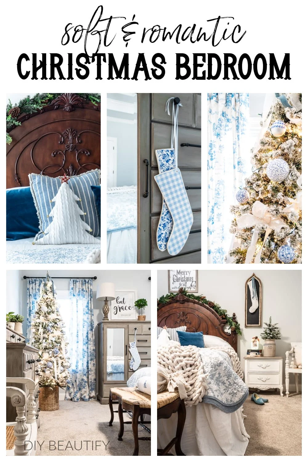 blue and white floral and gingham Christmas bedroom with decorated tree, toile curtains