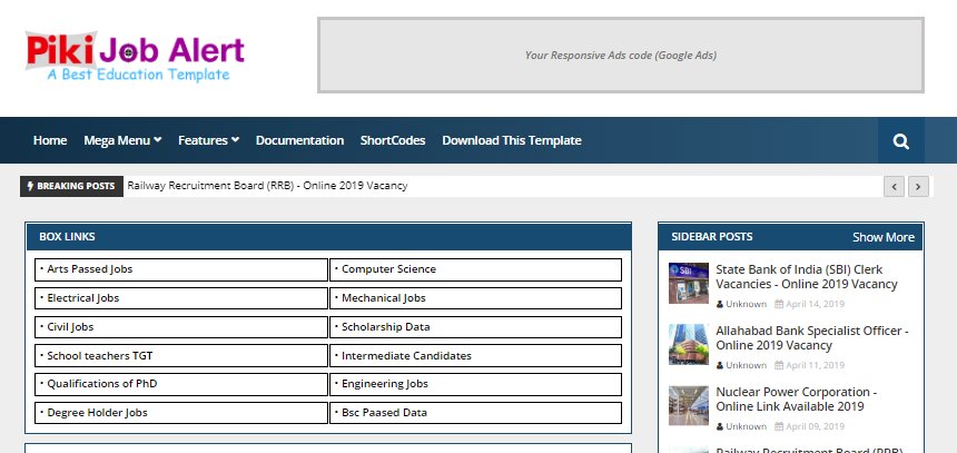 Piki Job Alert is also another best free Blogger template for job information providing sites.