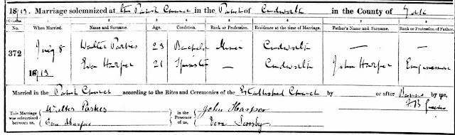 1913 Marriage certificate between Walter Parkes and Eva Harper at Cudworth.
