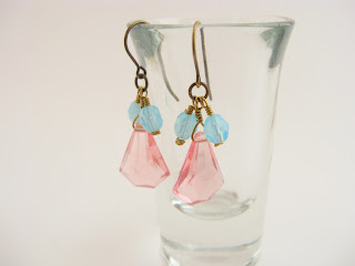 handmade crystal earrings, rose, pink, aqua