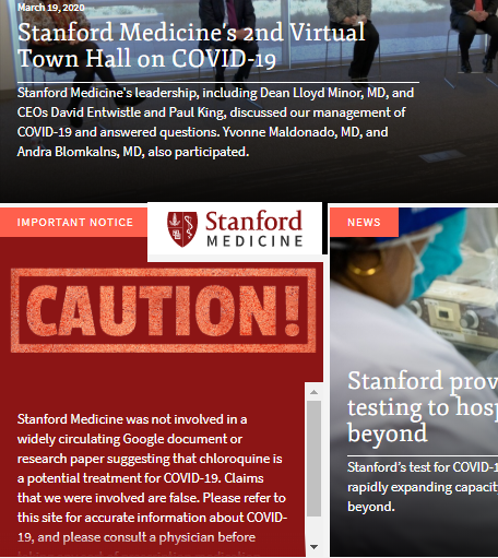 Stanford Medicine nega estudo sobre cloroquina tratar a COVID-19