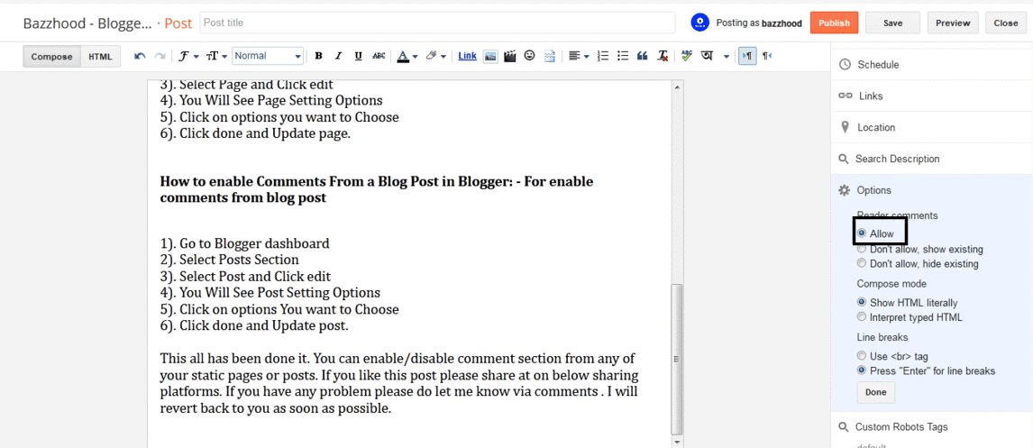 Enable Comments From box Static of page in Blogger