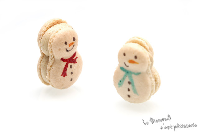 Macarons bonhommes de neige - chantilly au chocolat blanc et au gingembre