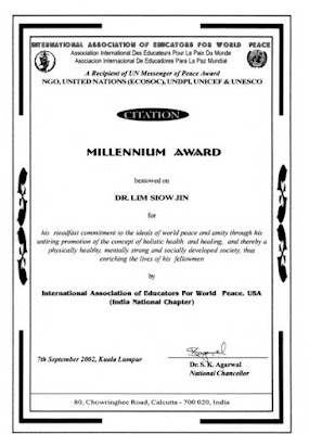 Certificado de la Fraternidad Mundial de la Salud, Medio Ambiente y la Fundación de la Paz. En el Mundial de la Salud, Medio Ambiente y la Fundación Paz