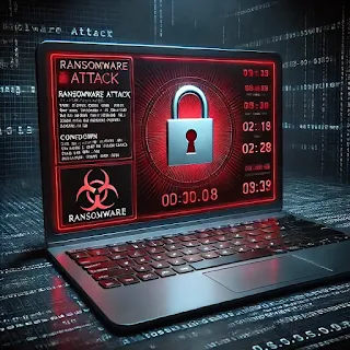 A 3D-rendered laptop displaying a ransomware attack warning with a countdown timer and an encrypted lock.