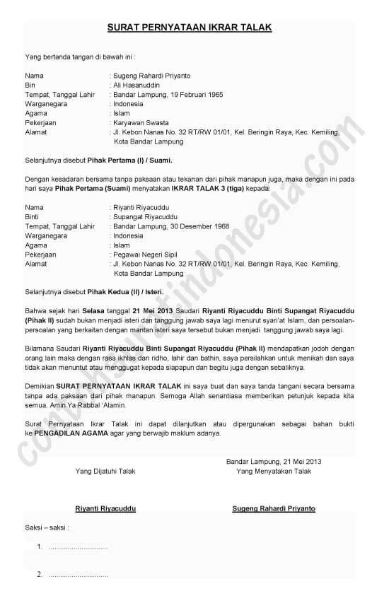 Contoh Format Surat Pernyataan Cerai Lengkap