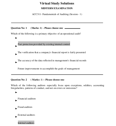 ACC311 Fundamentals of Auditing Mid Term Solved Past Paper 2009