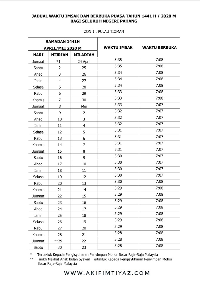 Jadual Waktu Imsak Dan Berbuka Puasa Tahun 1441H / 2020M