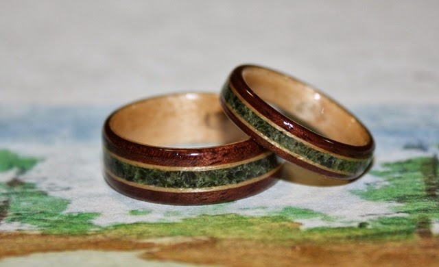 Black Walnut Wood Rings with birds eye maple and Jade