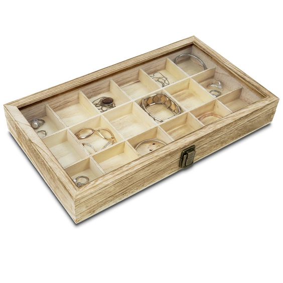 #WD63OK Wooden Display Storage Case with Tempered Glass Lid for Jewelry and Beads with 18 Compartments Tray, Oak Color