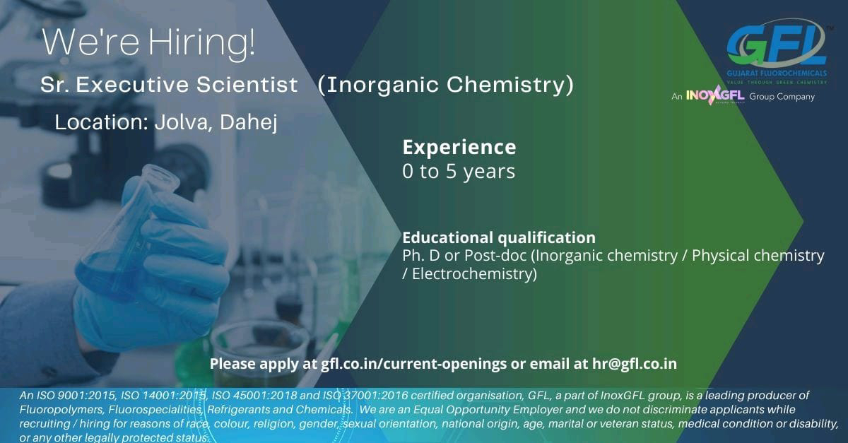 Job Available's for GFL Group Job Vacancy for Ph D/ Inorganic Chemistry/ Physical Chemistry /Electrochemistry