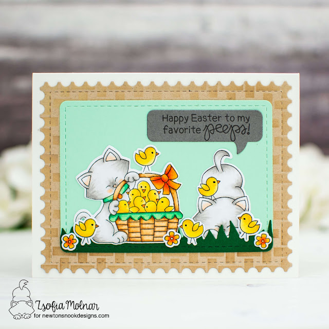 Happy Easter Card with Peeps by Zsofia Molnar | Newton's Peeps Stamp Set, Basketweave Stencil, Framework Die Set, Speech Bubbles Die Set and Land Borders Die Set by Newton's Nook Designs #newtonsnook #handmade