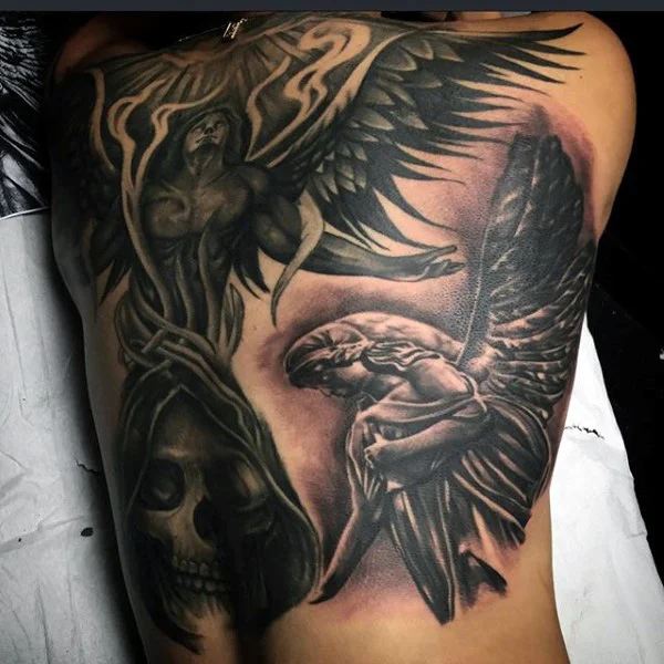 Tatuajes en la espalda de angel y demonio