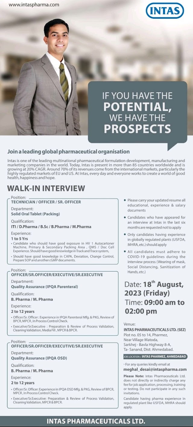 Intas Pharma | Walk-in interview for Packing & QA on 18th Aug 2023