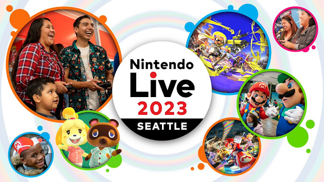 Arte do Nintendo Live 2023 Seattle com o logotipo do evento, imagens de pessoas sorrindo enquanto jogam Nintendo Switch e artes de Splatoon 3, Mario Kart 8 Deluxe e Animal Crossing: New Horizons