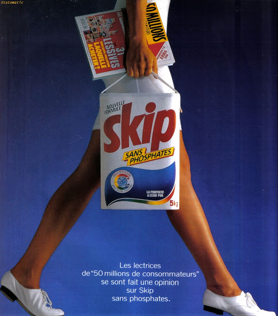 Les lectrices de "50 milions de consommateurs" se sont fait une opinion sur Skip sans phosphates.  Publicité d'un magazine "Marie Claire Maison" de 1991.