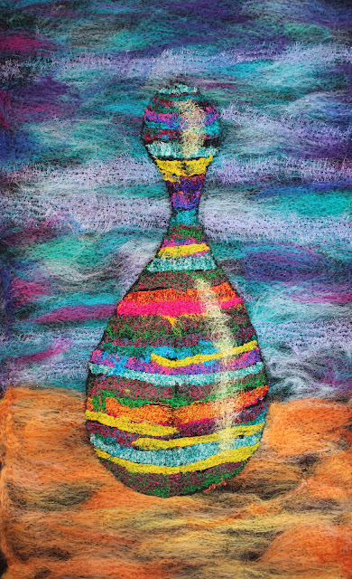 needle felt bottle with sari silk wool silk and organza rainbow coloured