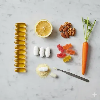 Flat lay of multivitamin forms like capsules, tablets, and gummies alongside whole food sources like lemon, nuts, and carrots on a marble surface.