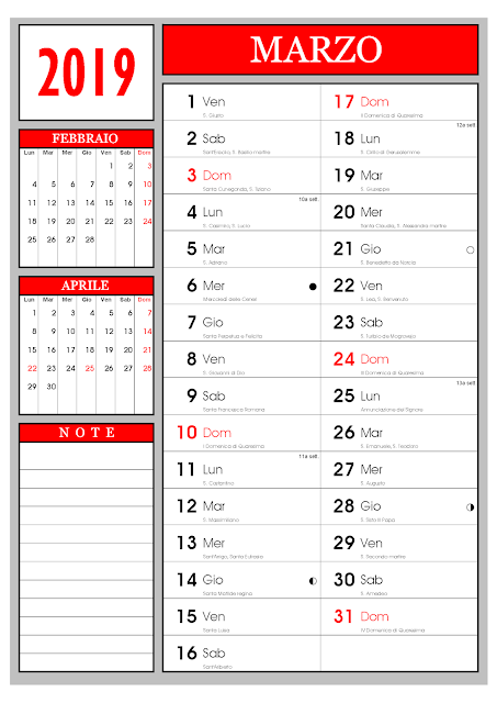 calendario mensile marzo 2019