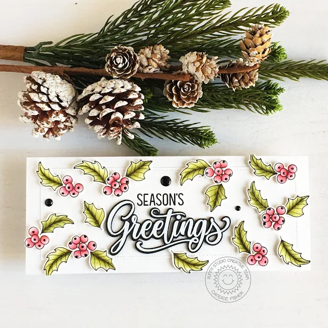 Sunny Studio Stamps: Classy Christmas Slimline Dies Season's Greetings Christmas Card by Candice Fisher