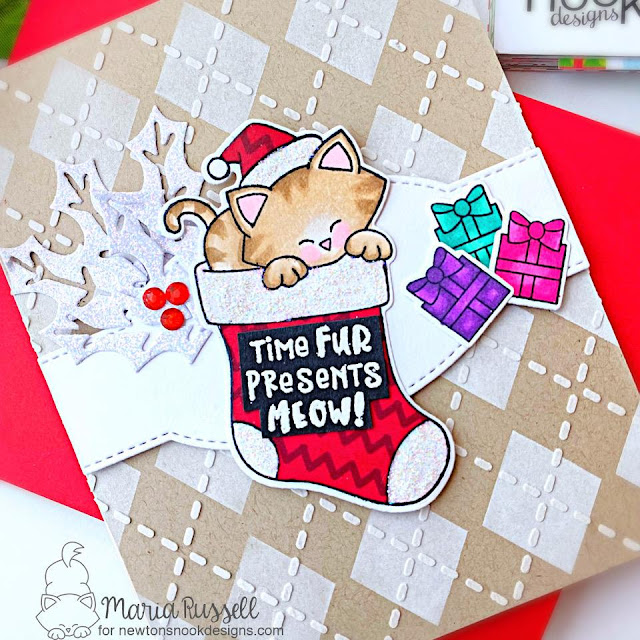 Cat Christmas Card by Maria Russell | Newton's Stocking Stamp Set, Argyle Stencil Set and Pines & Holl Die Set by Newton's Nook Designs #newtonsnook #handmade