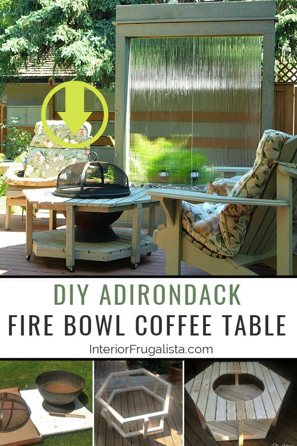 A budget-friendly DIY Adirondack Fire Bowl Coffee Table for a patio or deck with a unique hexagon pallet style for those cool summer evenings outdoors. #diyfirebowltable #diytabletopfirepit #diyoutdoorfurniture