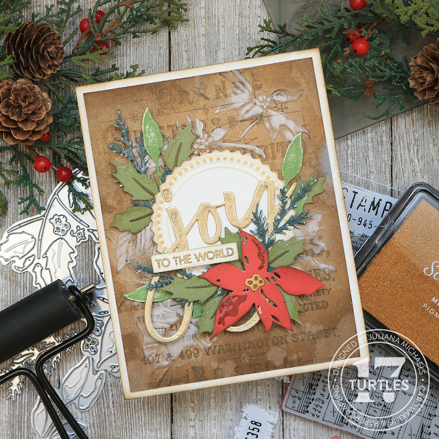 Joy To The World Christmas Card by Juliana Michaels featuring Tim Holtz Embossing Folder with Stamping and Embossing using Archival Ink, Gold Metallic and White Pigment Ink