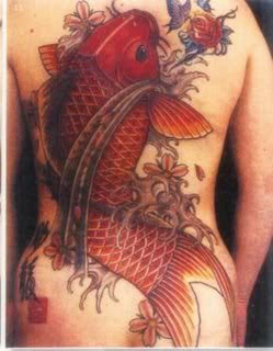 Japanese carp and rose tattoo on back body