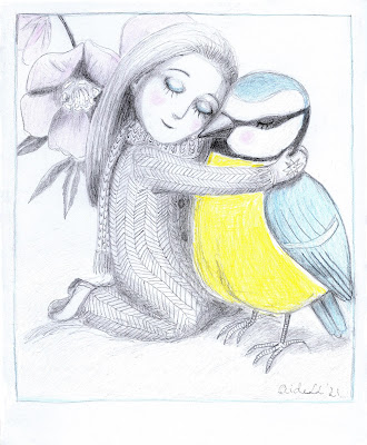 lumeroos #hellebore flower #lentedrose #bluetit sinitihane cyanistes caeruleus #drawing #pencildrawing #art #illustration Aide Leit-Lepmets